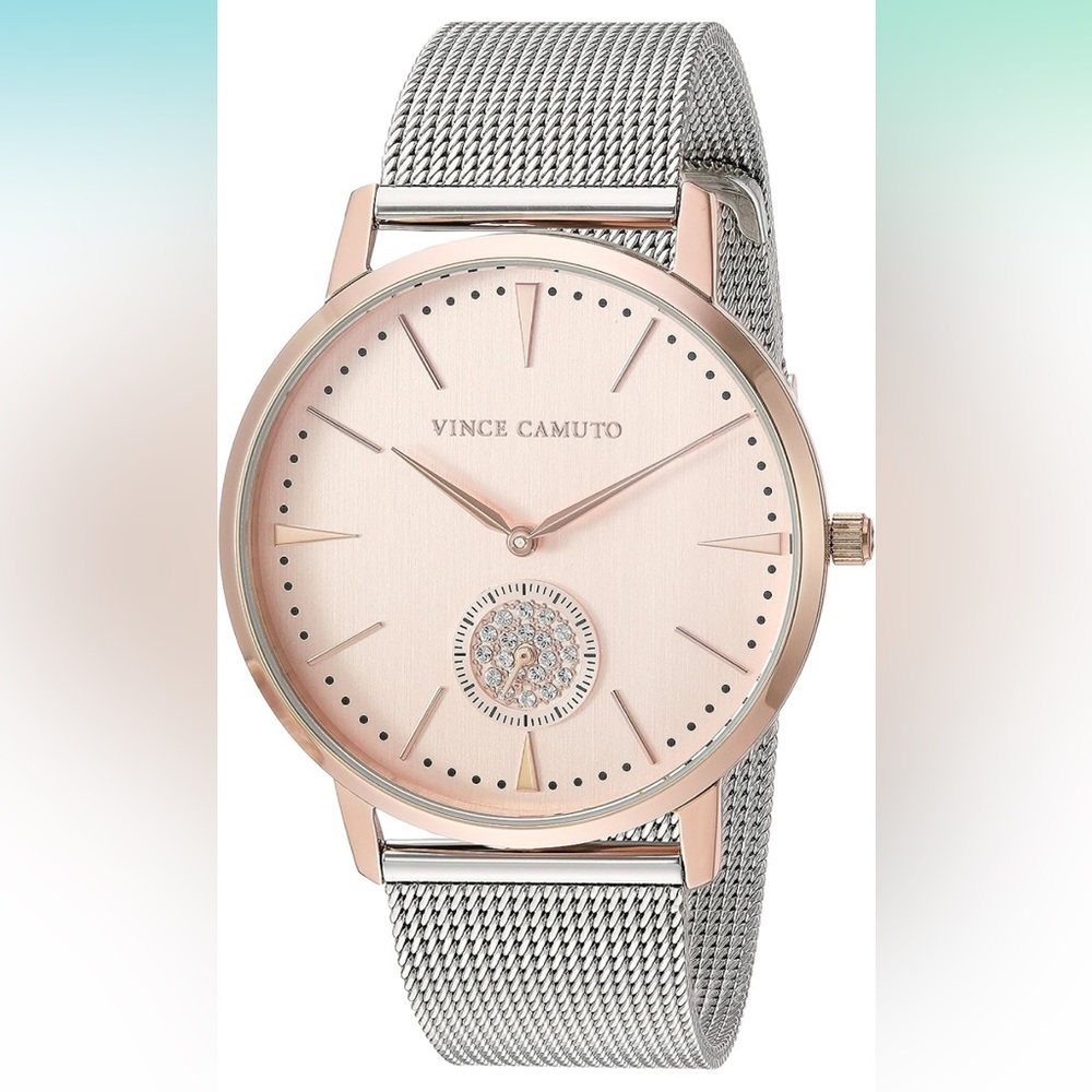 Vince Camuto Crystal Accented Rose Gold bezel & Silver-Tone Mesh Bracelet Watch